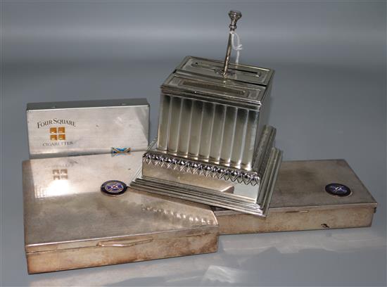 Two silver plated shipping line cigarette boxes, a similar tin and a plated cigarette dispenser.